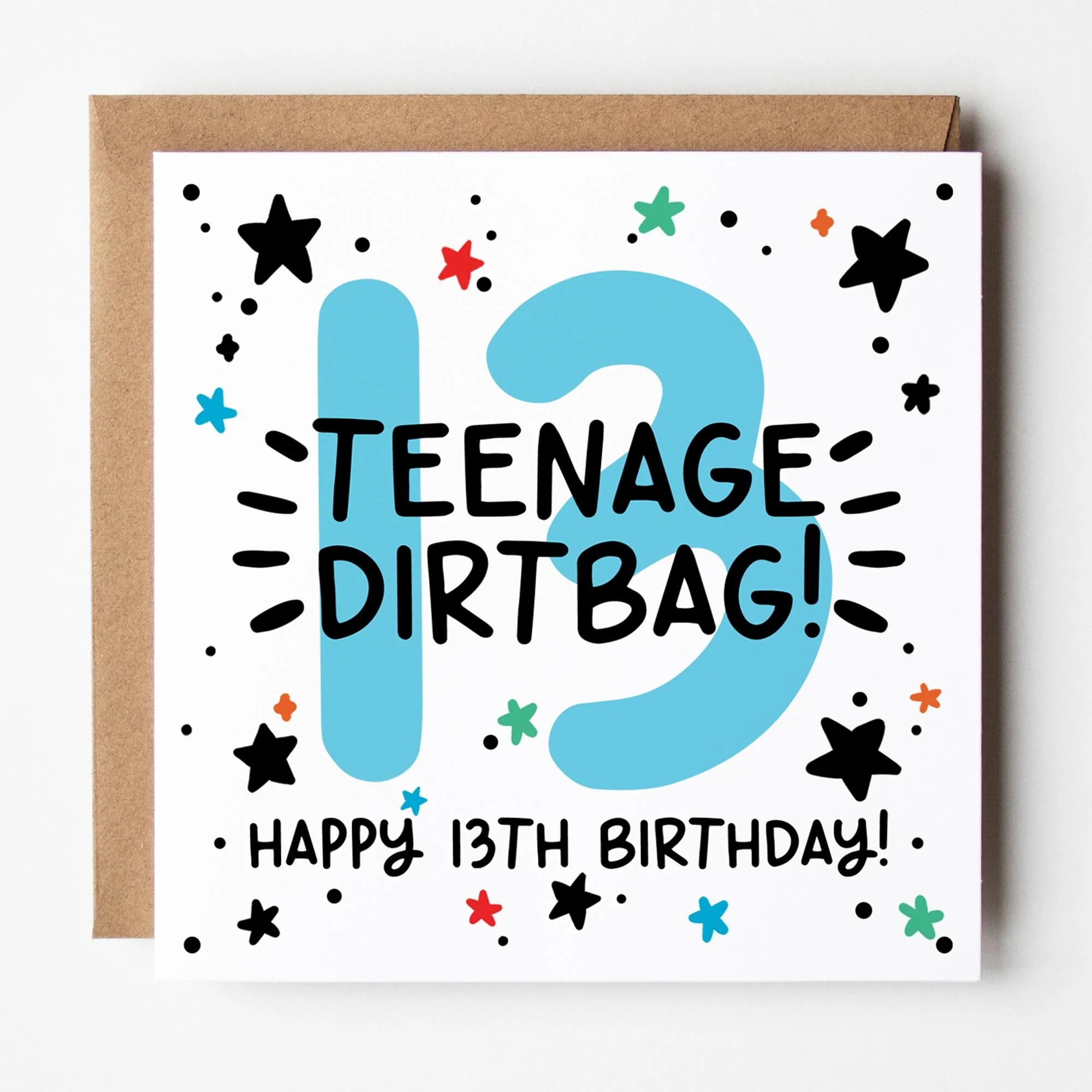 Happy 13th Birthday Card: Blue 13, Teenager Dirtbag with Stars and Kraft Envelope
