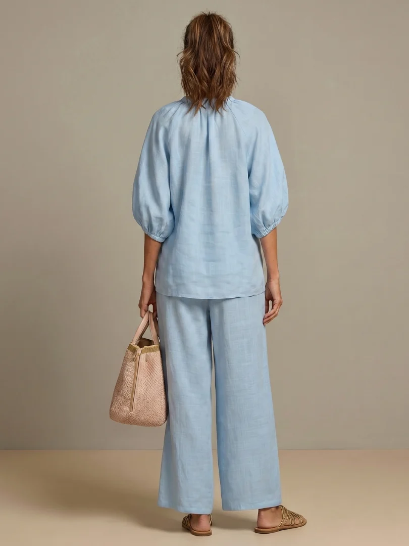 Women��s Two-Piece Zip Front Blouson Top and Wide Leg Trousers Set