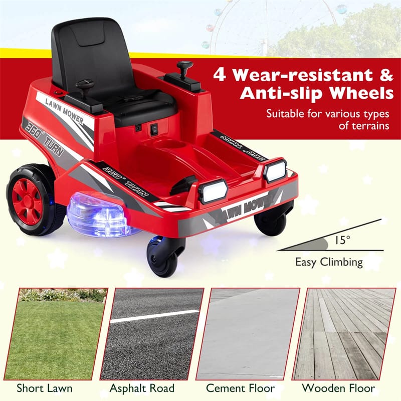 12V Kids Ride-On Lawn Mower with 360° Twist & Turn, Dual Control Sticks, LED Lights, Toddler Electric Car Toy for Boys & Girls Aged 3-8