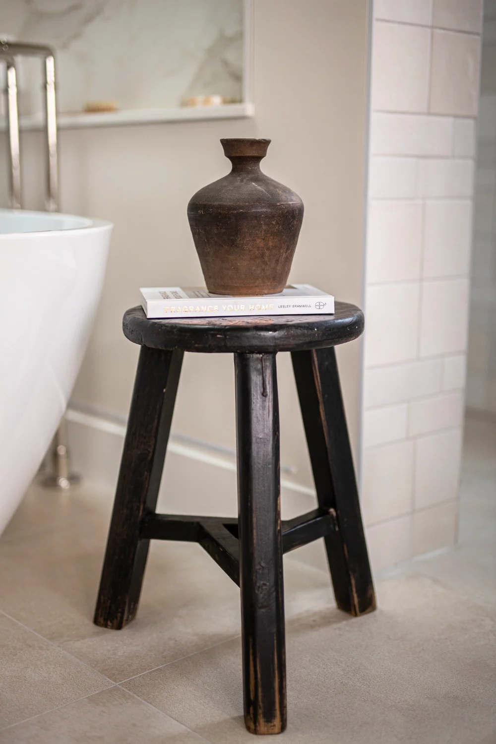 Reclaimed Elm Wood Round Stool Black