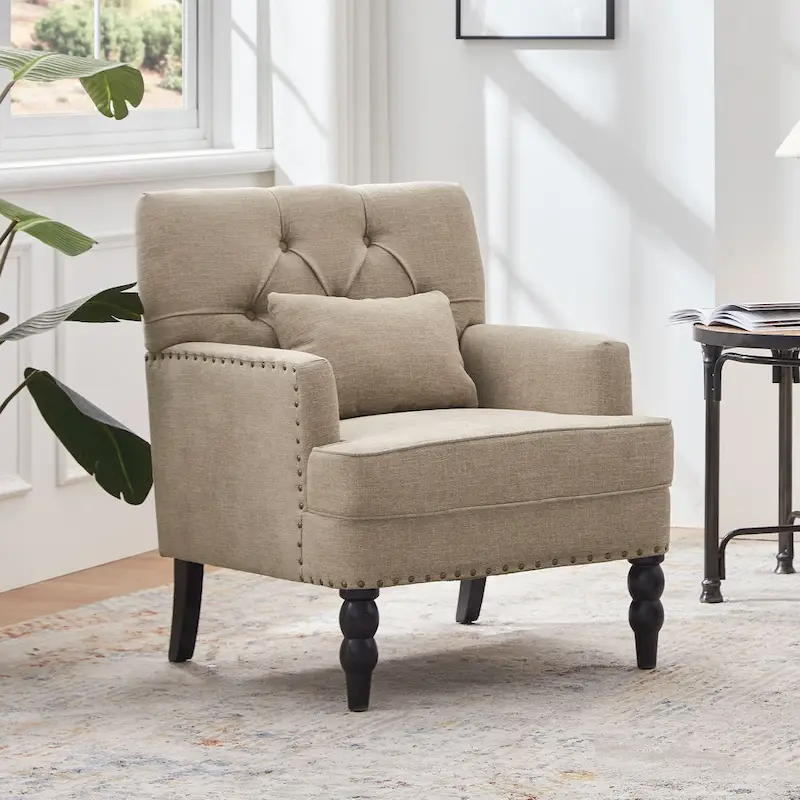 Set of 2 Arm Chair Upholstered Button Tufted Accent Chair with Lumbar Pillow Beige/ Grey/ Light Blue