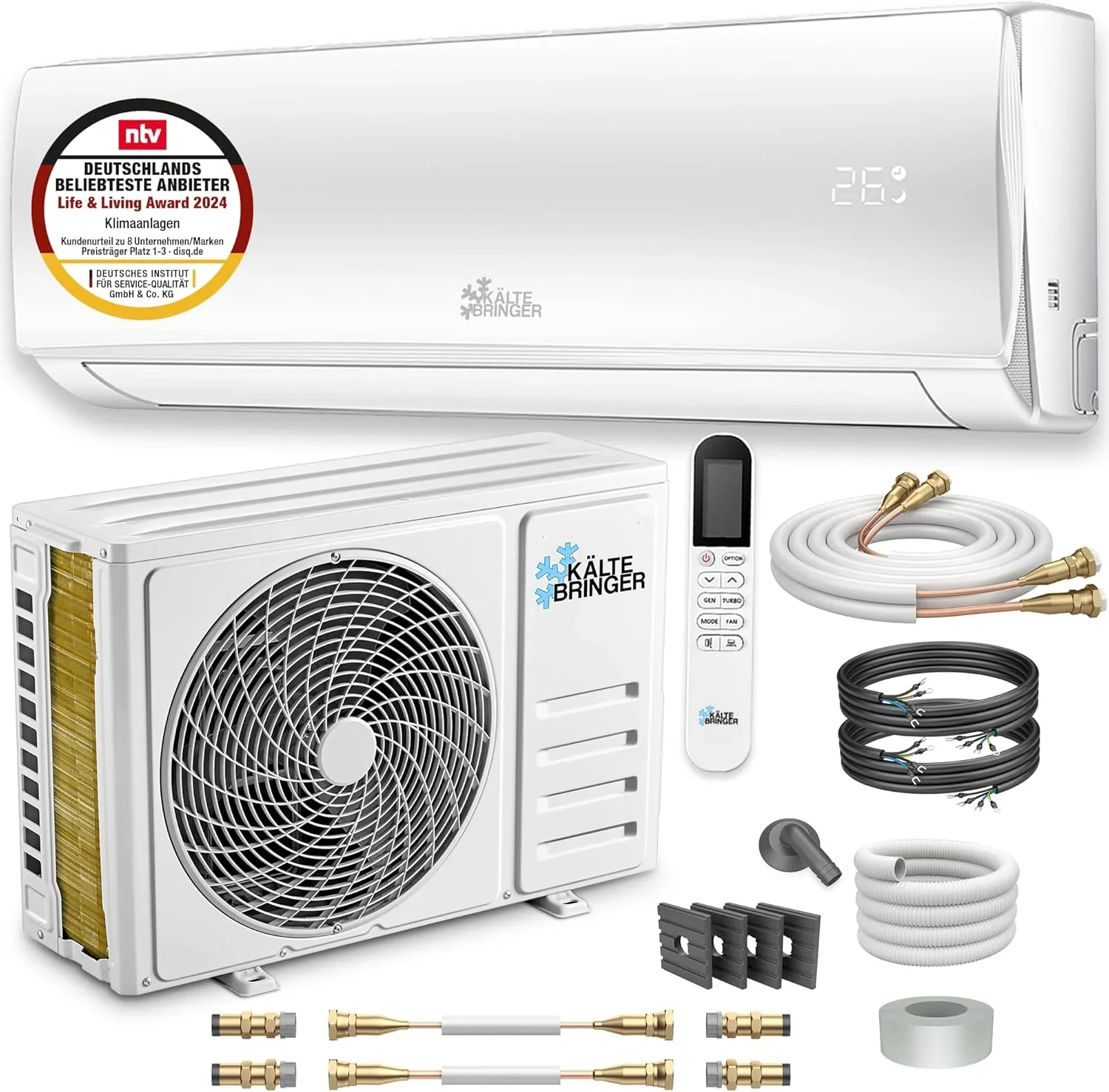 Kältebringer Split Klíma Gyors Csatlakozással - 12000 BTU (3,4 kW) Légkondicionáló Fűtési Funkcióval, WiFi & Alkalmazás, akár 91nm-ig, nagyon csendes - 5m Rézcső, R32 Hűtőközeg, Szerelési Anyag, Fali Tartó