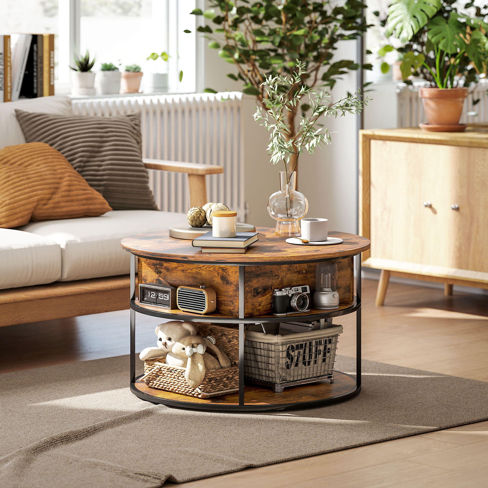 HOMCOM Ronde Koffietafel met Ophefbaar Tafelblad, Opbergruimte, Zijvakken, Stalen Frame, Salontafel, Bruin