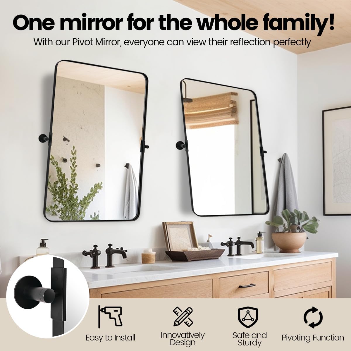 MOON MIRROR 24"x36" Matte Black Pivot Mirror for Bathroom, Metal Frame Bathroom Mirrors for Wall，Rectangle Titling Vanity Wall Mirror with Rounded Corner Hangs Vertical(Overall 27.75" x 36")