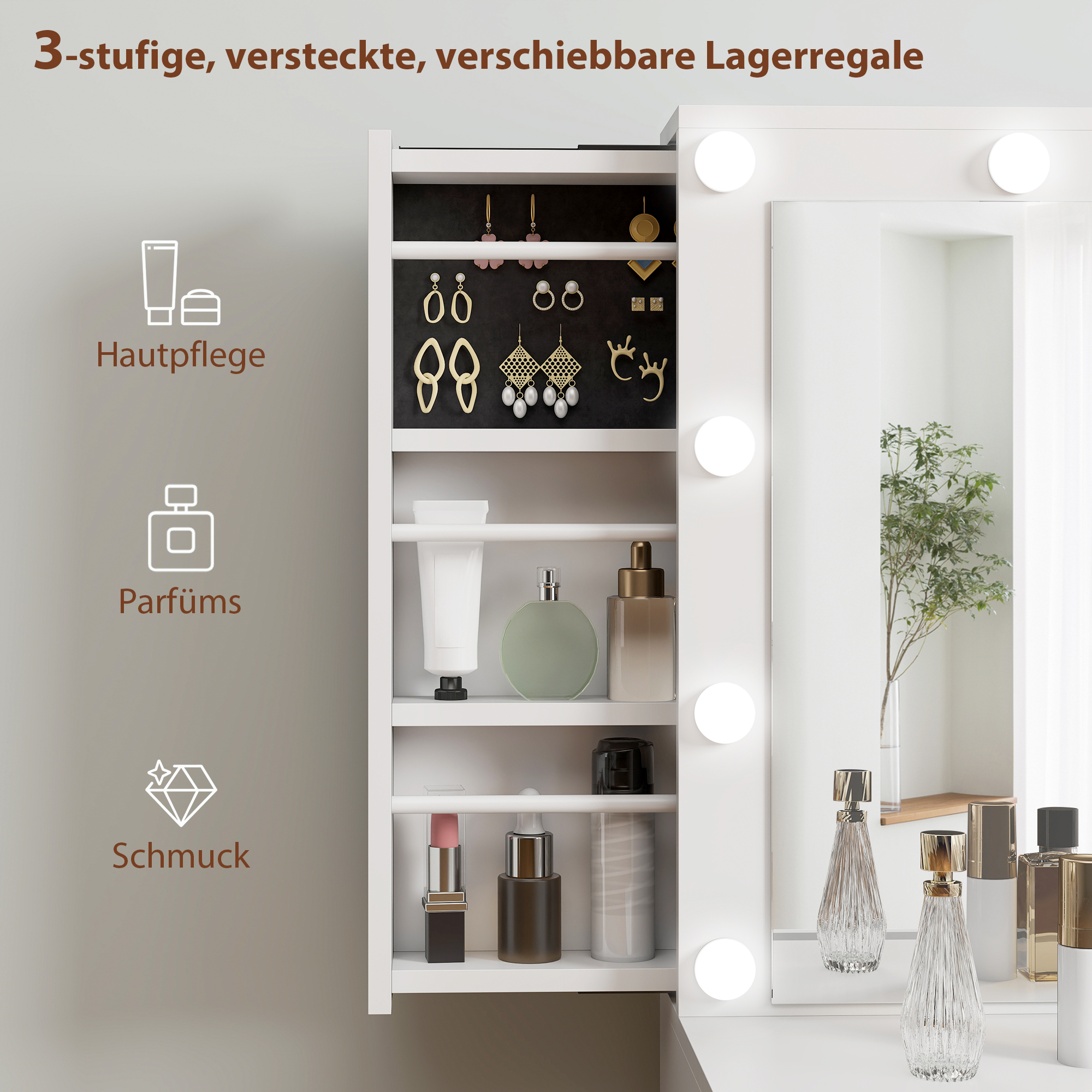 HOMCOM Schminktisch mit Spiegel und 12 LED-Lichtern, Frisiertisch mit 7 Schubladen, 6 versteckte Staufächer, Spanplatte, Weiß