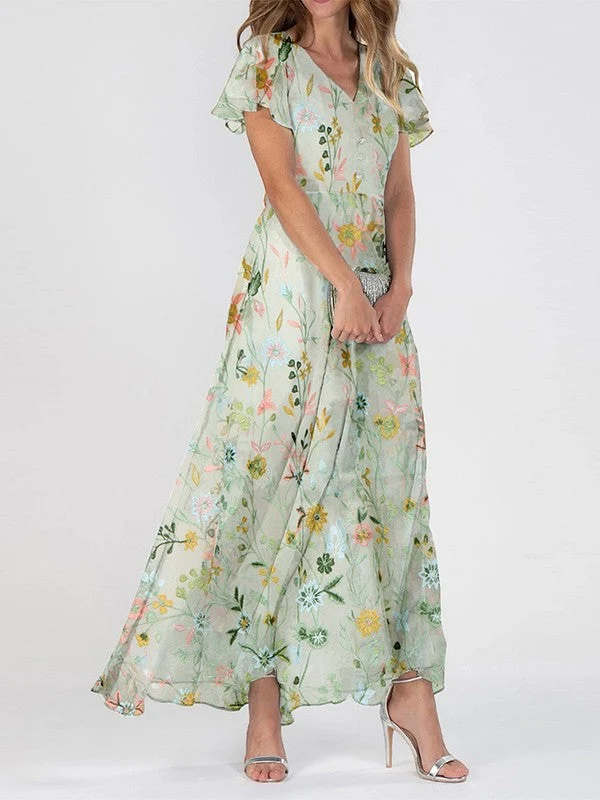 Womena??s Floral Maxi Dress Elegant V Neck for Summer Outings
