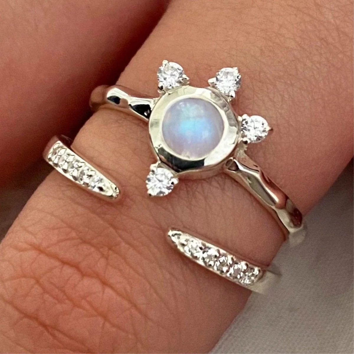 Moonstone Ring- Luxury Solar Burst Moonstone & Topaz Ring