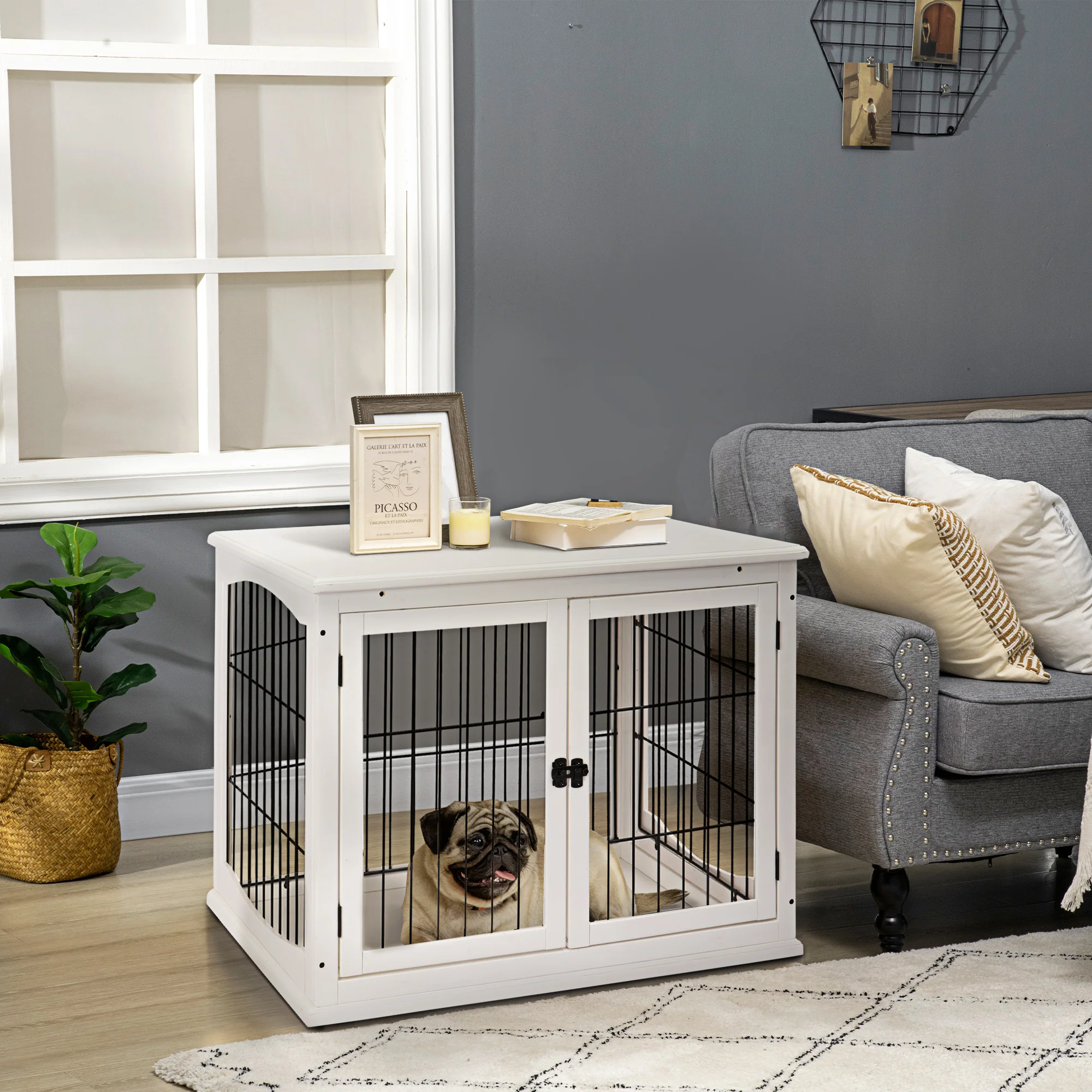 Easycomfort Casetta per Cani Fino 30kg da Interno in Legno e Acciaio, 58.5x81x 66cm - Bianco