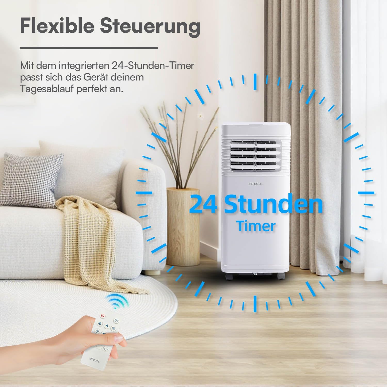 BE COOL Mobiles Klimagerät 7000 BTU mit WLAN, 3in1 Klimaanlage zum Kühlen, Entfeuchten & Lüften, für Räume bis 24 m², Fernbedienung, Timer, Schlafmodus, Energieklasse A, Weiß