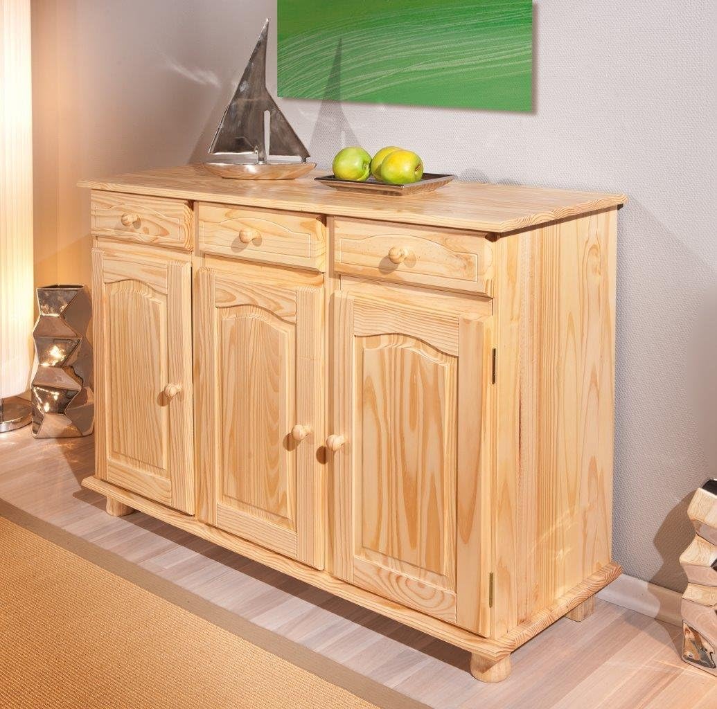 Inter Link – Landhausstil Kommode – Sideboard – Sideboard Buffet – Landhausstil – Beistellschrank - Kiefer massiv – 3 Türen – 3 Schubladen – Natur lackiert - Abaco, Naturbelassen
