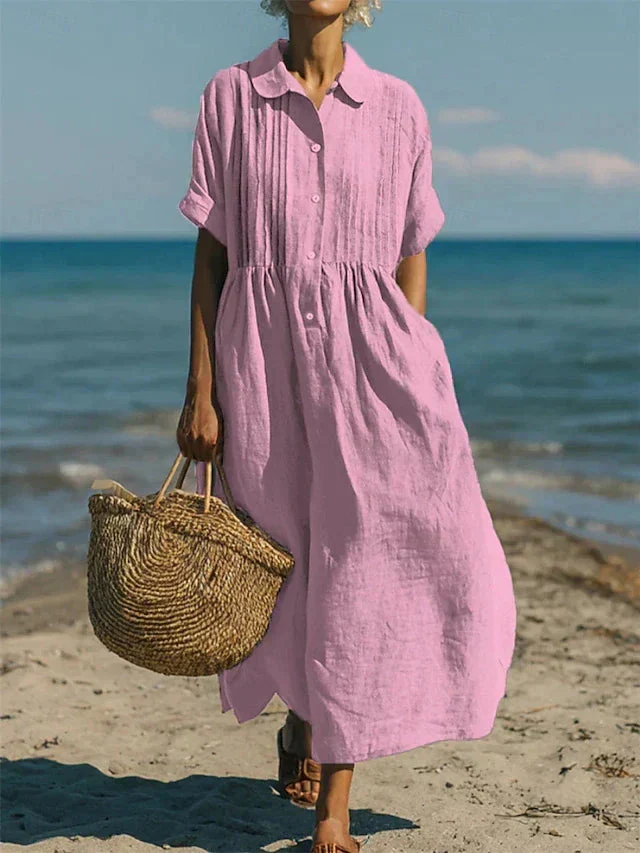Women��s Midi Dress Breathable Cotton Button-Front Summer Style