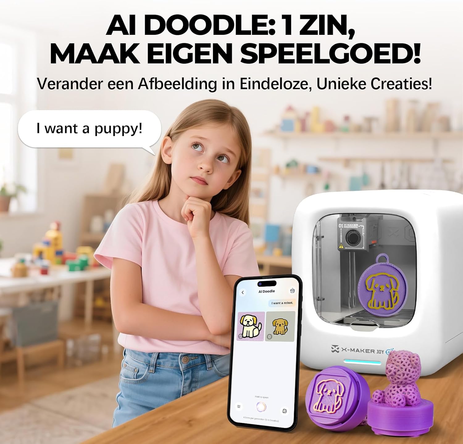 KI-gestützter 3D-Drucker für Kinder, 3D-Drucker mit 8 PLA-Filament-Set, KI Design-App, umfangreiche Sammlung an 3D-Spielzeugvorlagen,mit 16+ Mini-3D-Designmodulen, App-Steuerung