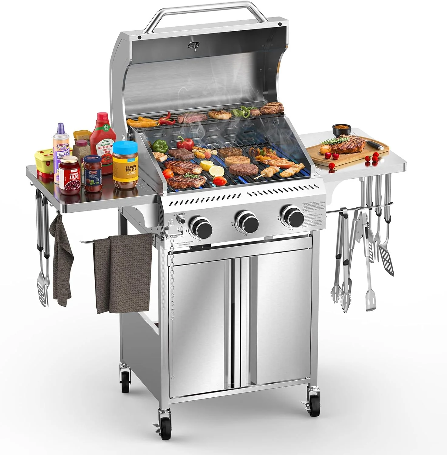 G31 Gas Grill, 3-Burner Gas Grill with Folding Side Tables,Stainless Steel 24,000 BTU BBQ