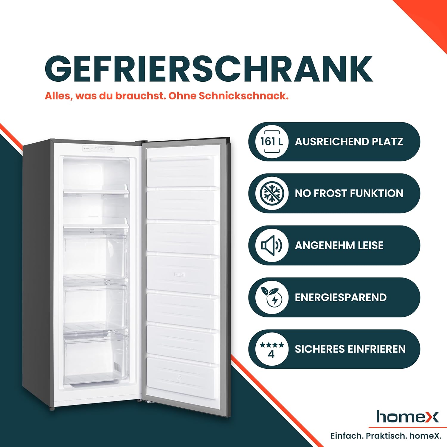 homeX Gefrierschrank NoFrost, Tiefkühlschrank groß - 161L Nutzinhalt, 4-Sterne Gefrieren, Freezer No Frost, Gefrierschränke freistehend, Super-Frost-Funktion, leise 39 dB, silber, FSN1611E-S