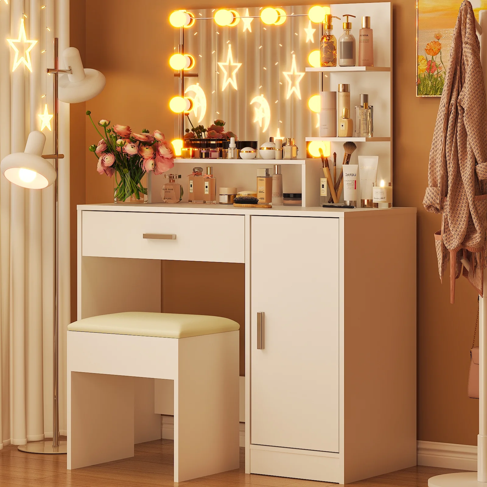 Ktaxon Vanity Set with 3 Color Lighted Mirror, Makeup Table with 3 Storage Shelves & Drawers, Dressing Table Makeup Desk with Stool,White