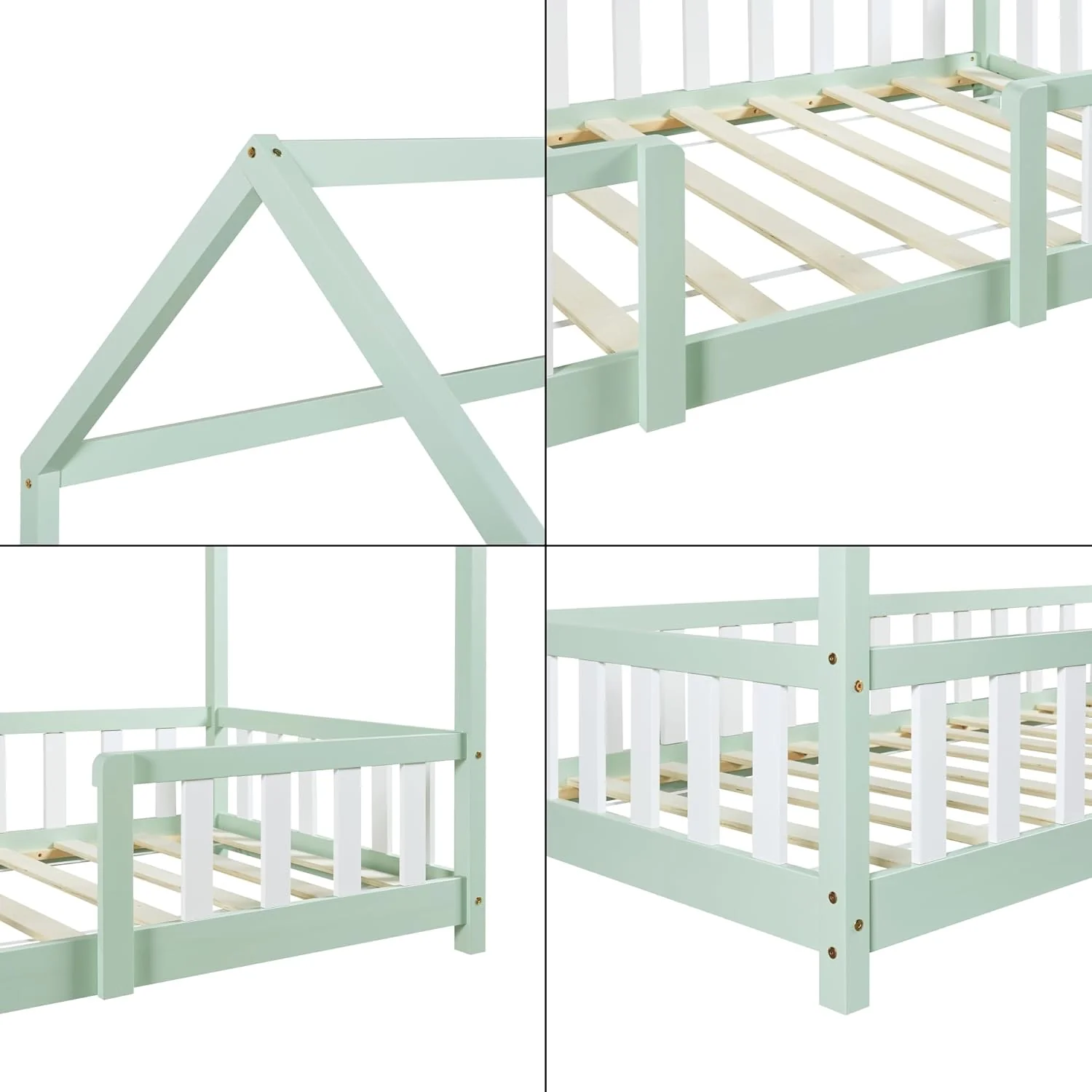 [en.casa] Letto per bambini Sisimiut a capanna 80 x 160 cm con protezione anticaduta letto in legno per bambini letto a terra rete a doghe in legno di pino Bianco opaco