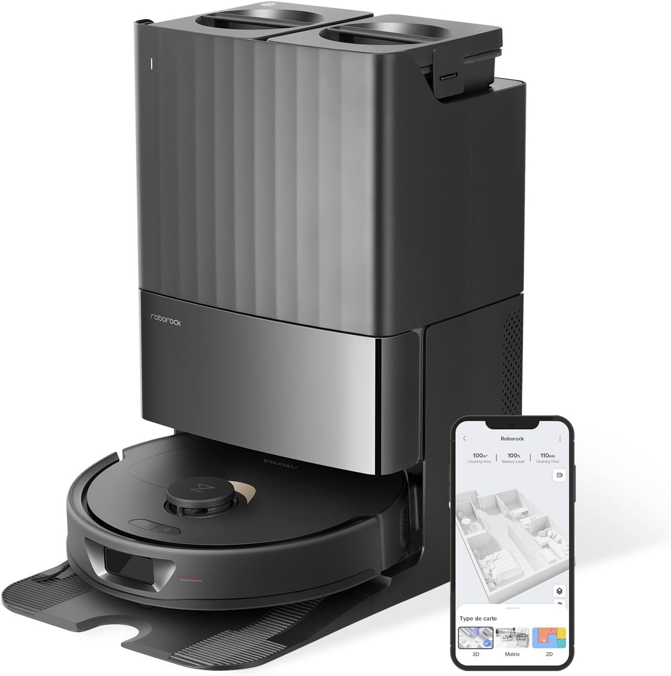 roborock Qrevo Robot Aspirateur Laveur avec Station, Fonctions automatiques Vidage, Lavage, Séchage, Nettoyage de la Station, Remplissage, 5500 Pa, Double serpillière rotative, Cartographie 3D