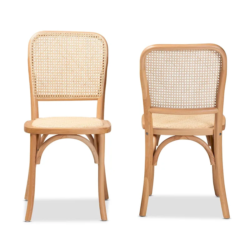 Neah Mid-Century Modern 2-Piece Woven Rattan and Wood Dining Chair Set