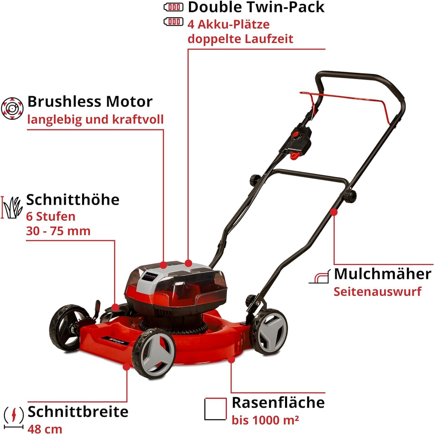 Einhell Akku-Rasenmäher GE-cm 36/48 Li M-Solo Power X-Change (36 V, 48 cm Schnittbreite, bis 1000 m2, Brushless, Mulchrasenmäher, 30-75 mm Schnitthöhe, ohne Akku)