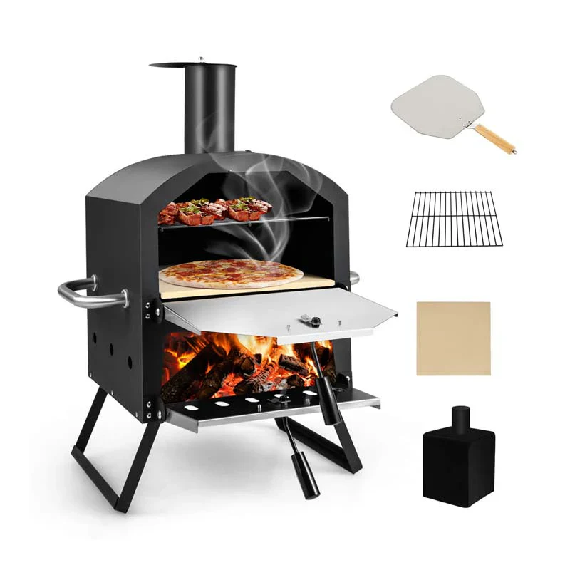 Kétszintes fatüzelésű kültéri pizzakemence kempingezéshez és grillezéshez, rozsdamentes acél hordozható grill pizzasütő összecsukható lábakkal