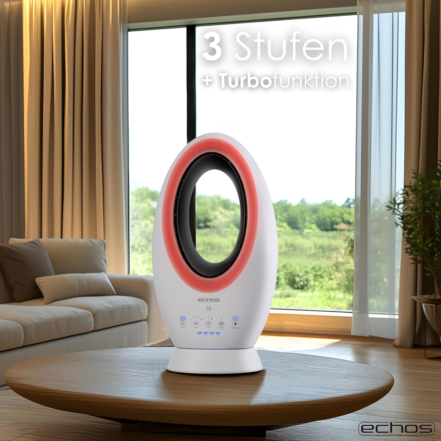 Echos®- 2-in-1 Design Akku Turmventilator Standventilator mit Fernbedienung kabellos - Akku- oder Strombetrieb - Leiser Ventilator Tischventilator oszillierend - Fernbedienung LED Beleuchtung