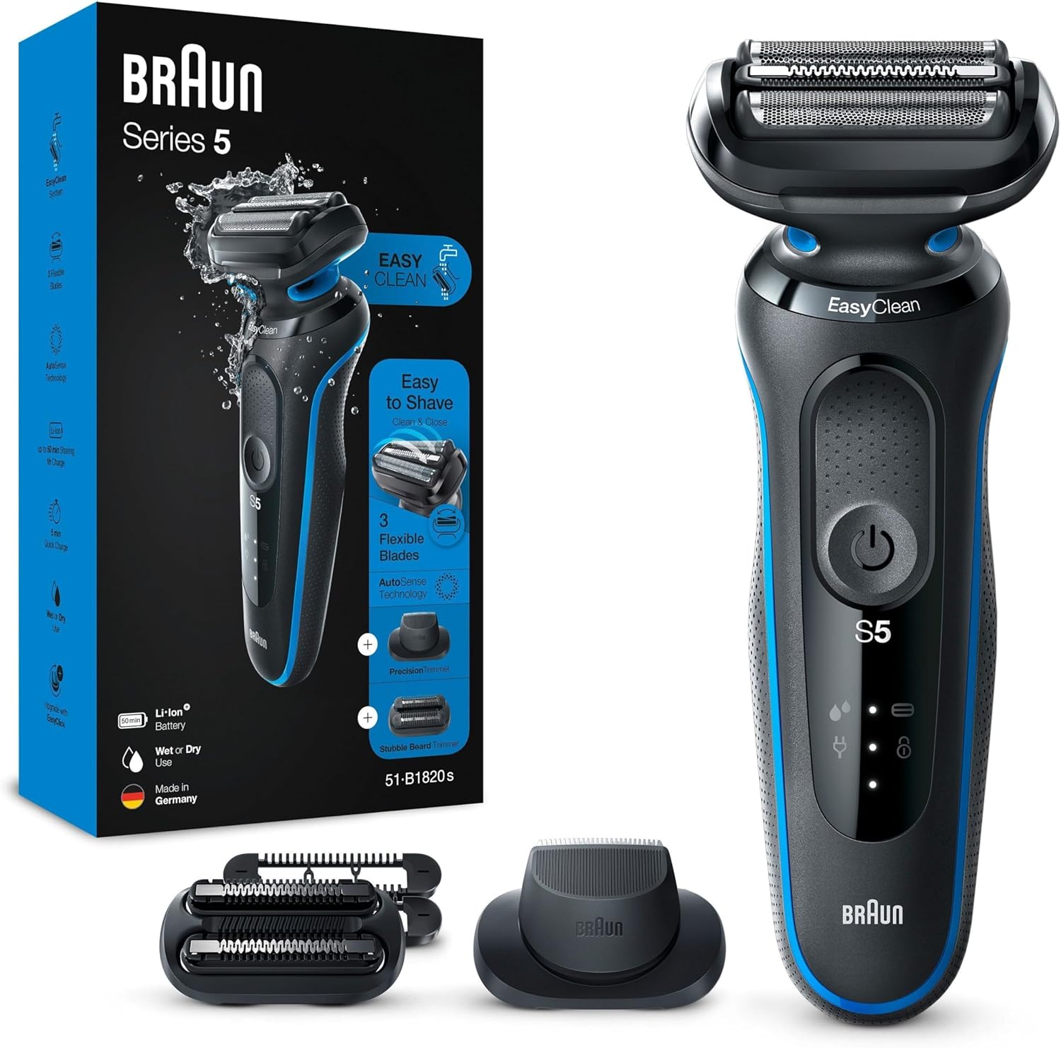 Braun Series 5 Elektrorasierer mit EasyClick Trimmer Aufsatz, Rasierer Herren Elektrisch, Präzisionstrimmer, EasyClean, Geschenk Mann, Made in Germany, 51-B1820s, blau