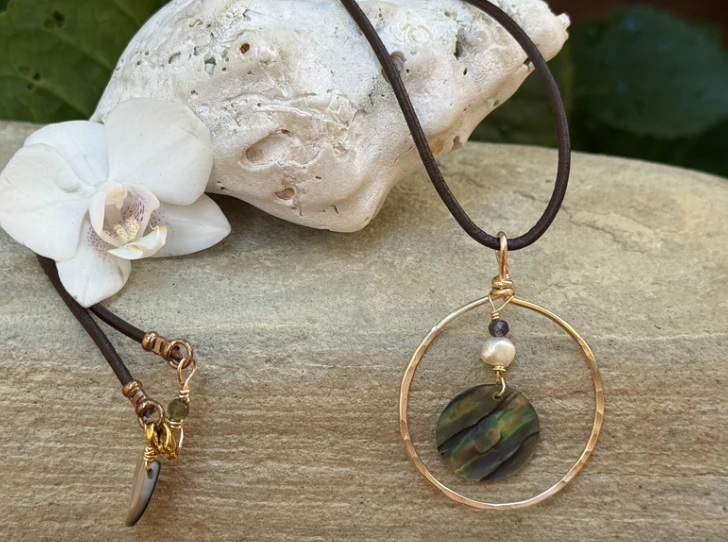 Hammered Gold Pendant w/ abalone on dark brown leather