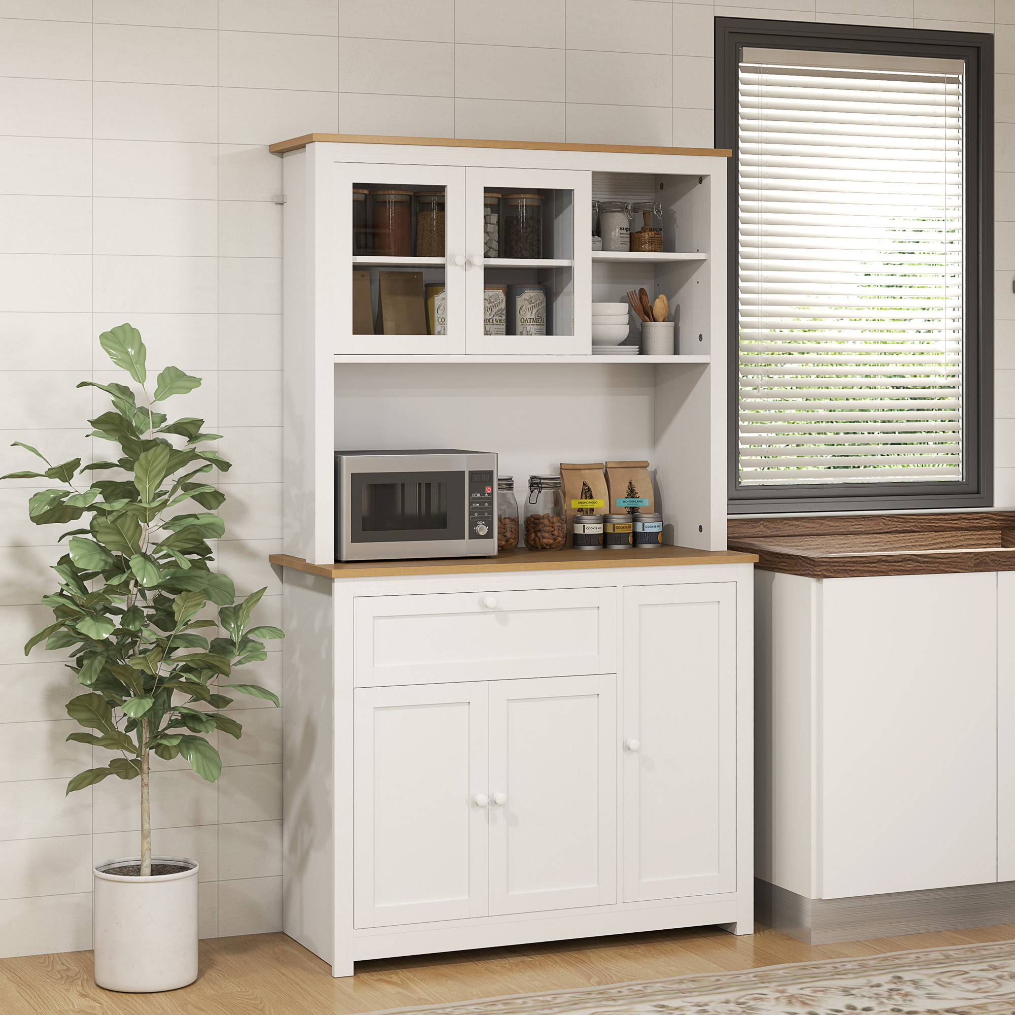 HOMCOM Landhuisstijl Keukenkast, 1 Vitrine, 1 Open Schap, 1 Lade, 2 Kasten, Natuur + Wit