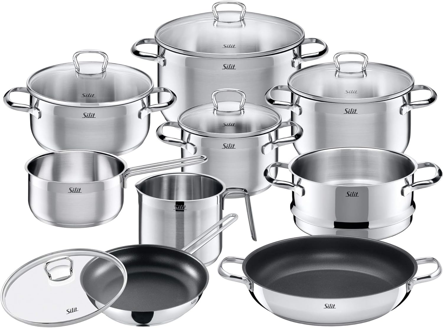 Silit Toskana Topfset induktionsgeeignet 10-teilig, Kochtopf Set mit Glasdeckel, Induktionskochtöpfe, Milchtopf, Dämpfer, Pfanne, Edelstahl teilmattiert, Induktions Töpfe Set unbeschichtet