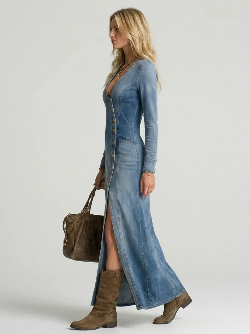 Womena??s Denim Maxi Dress Button Front with Deep V Neckline