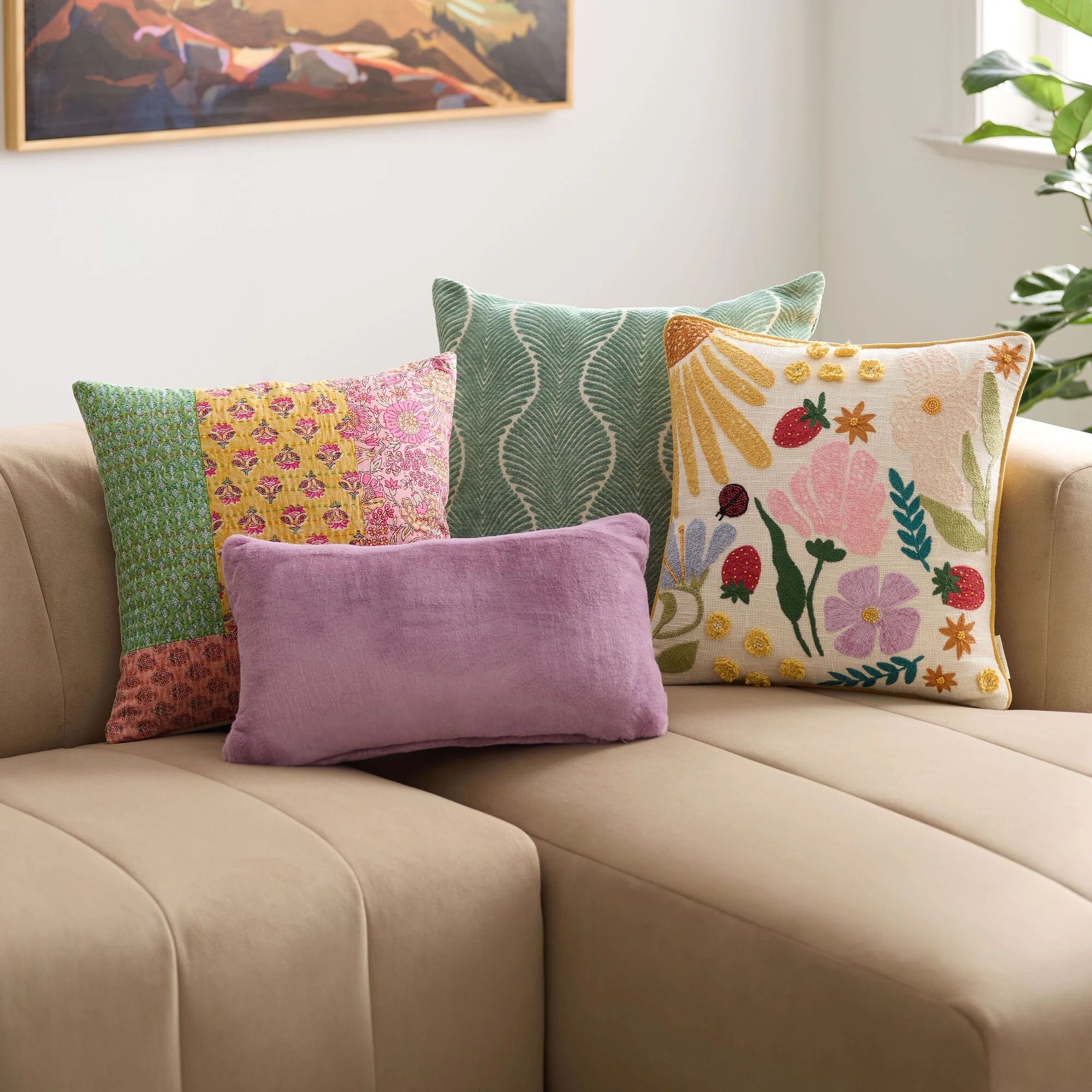 Spring Botanical Embroidered Beaded Throw Pillow