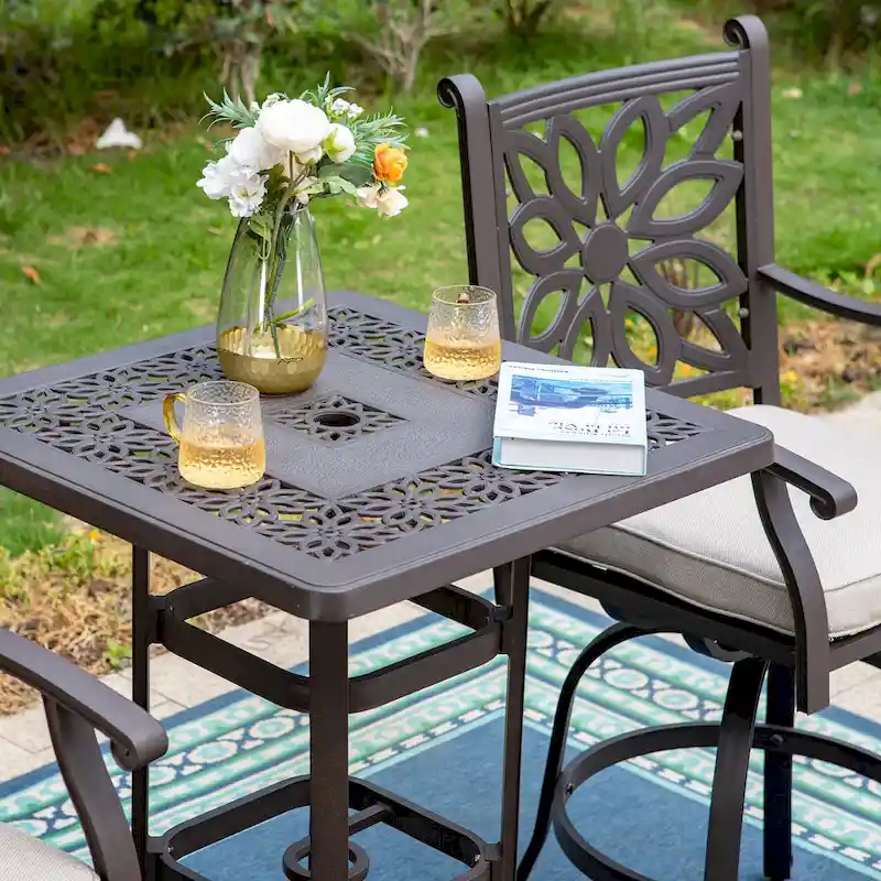 MAISON ARTS 3-Piece Cast Aluminum Patio Bar Stool Set of 1 Bar Table & 2 Swivel High Bar Stools