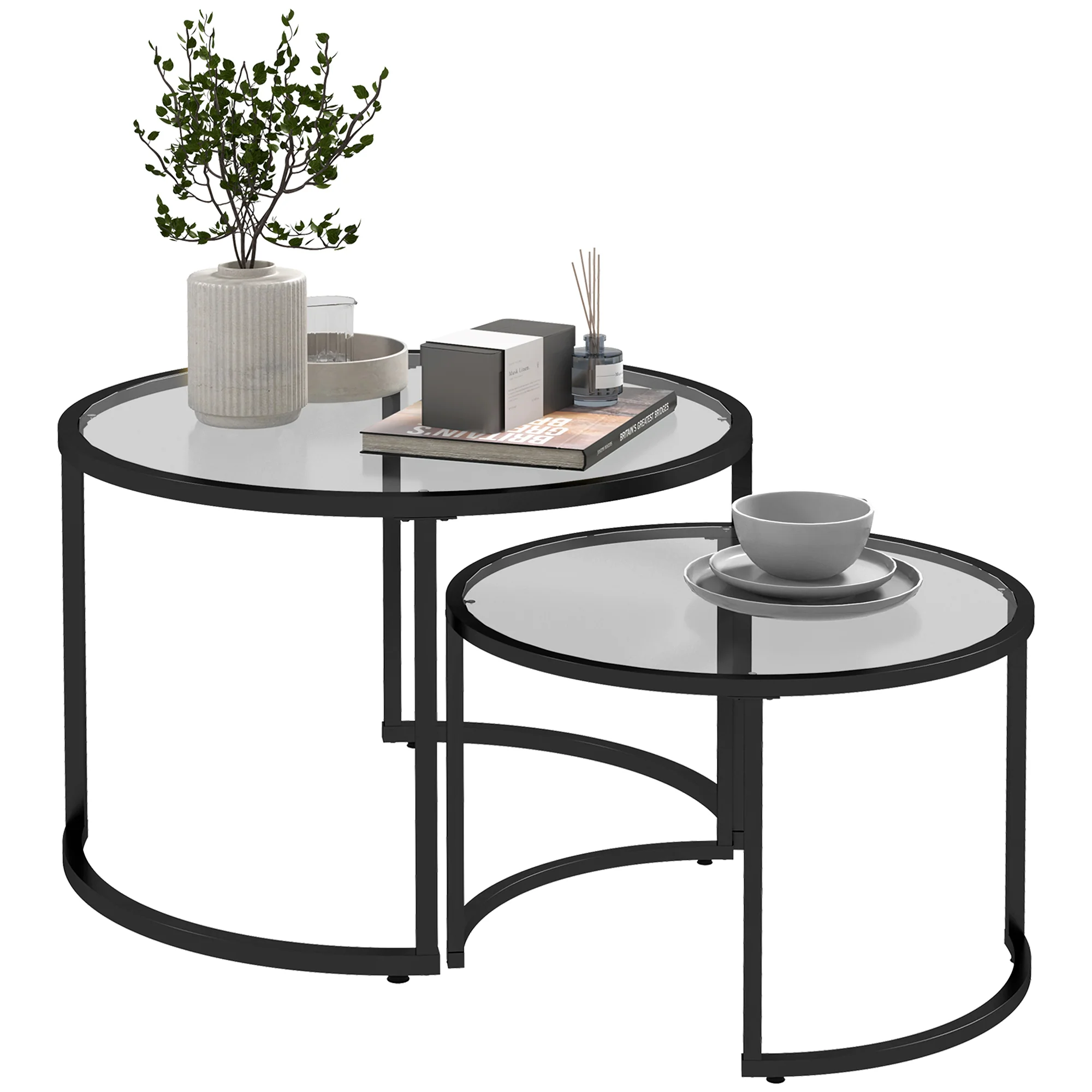 HOMCOM 2-delige Bijzettafels Salontafels Industrieel Design, Glazen Tafels, stapelbaar, Zwart + Transparant