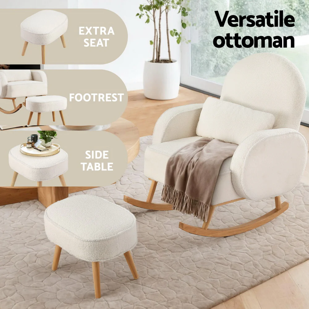 Artiss Armchair Rocking Chair Ottoman Lounge Footrest Round Nursing Boucle White