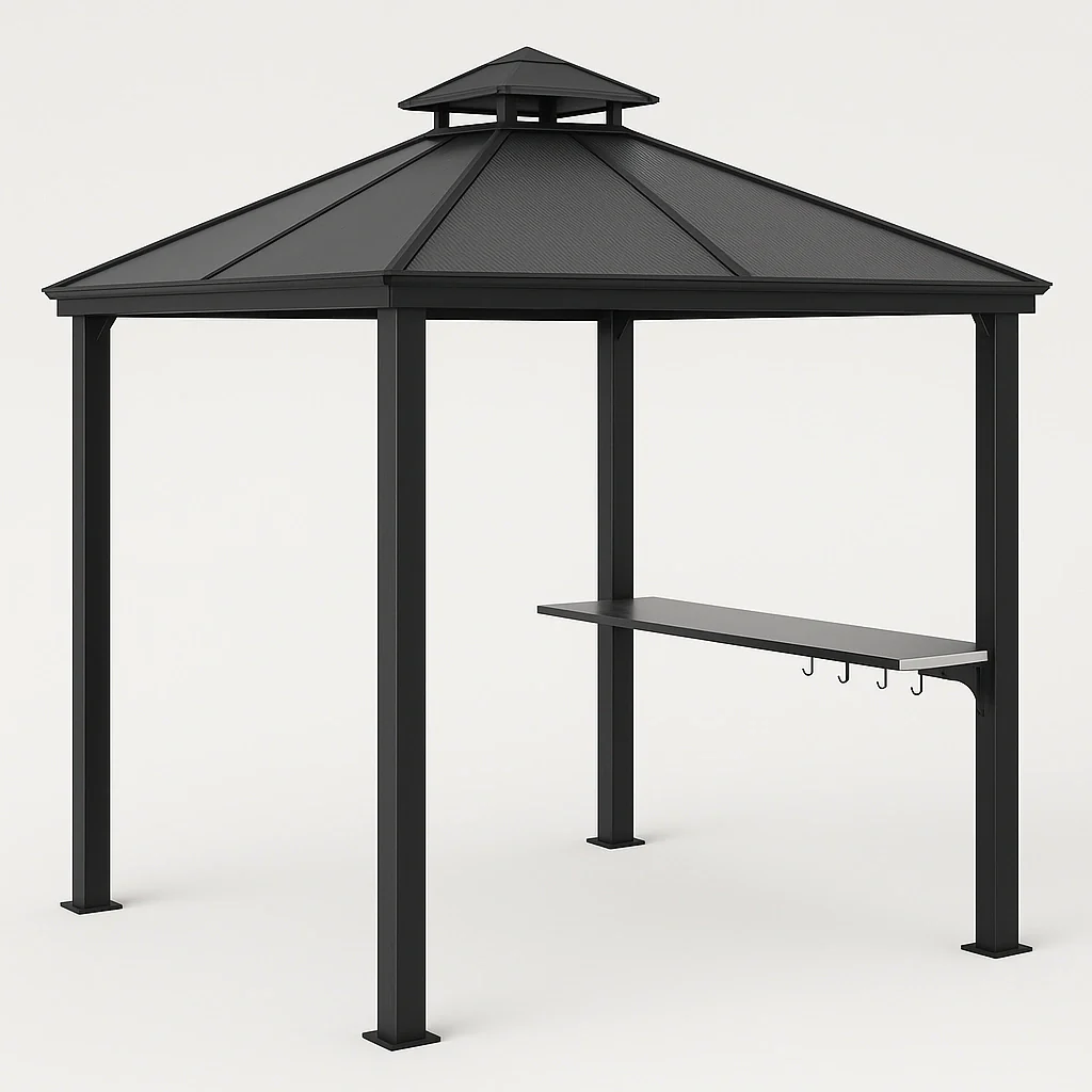 Sort metal havegrillskur med riste og kroge, 2,5 x 2,5 x 2,8 m