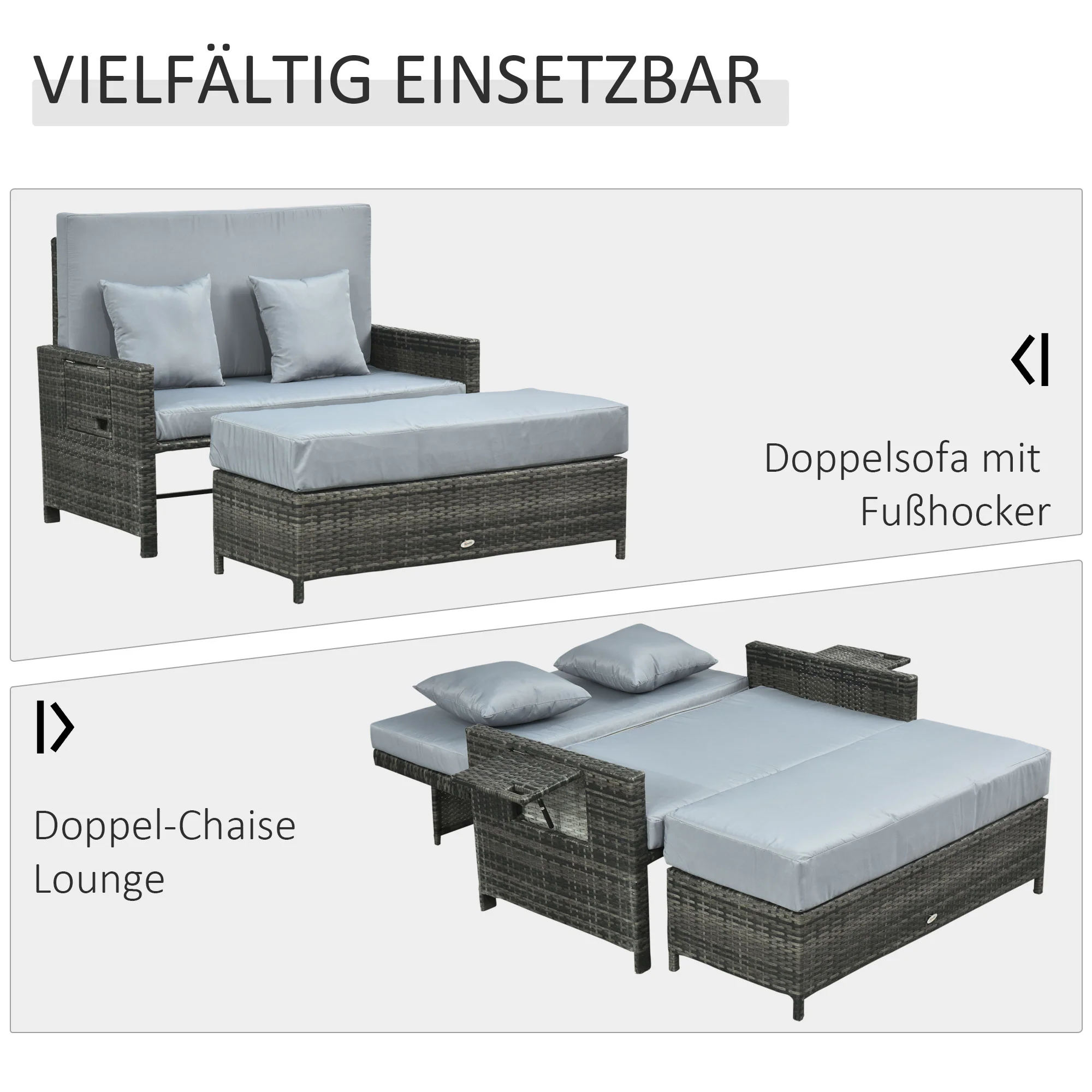 Outsunny Poly-rotan loungebank 2-zits set ligstoel kruk grijs