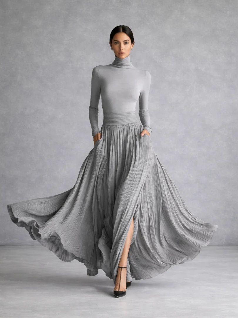 Women��s Black Maxi Dress Pleated Skirt Turtleneck Style