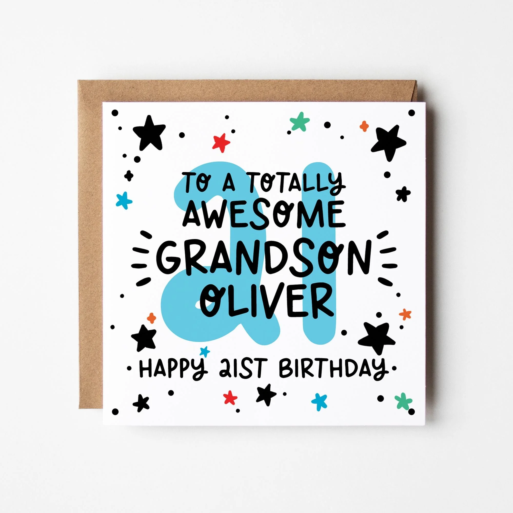 Personalised 21st Birthday Card for Grandson: with Kraft Envelope.