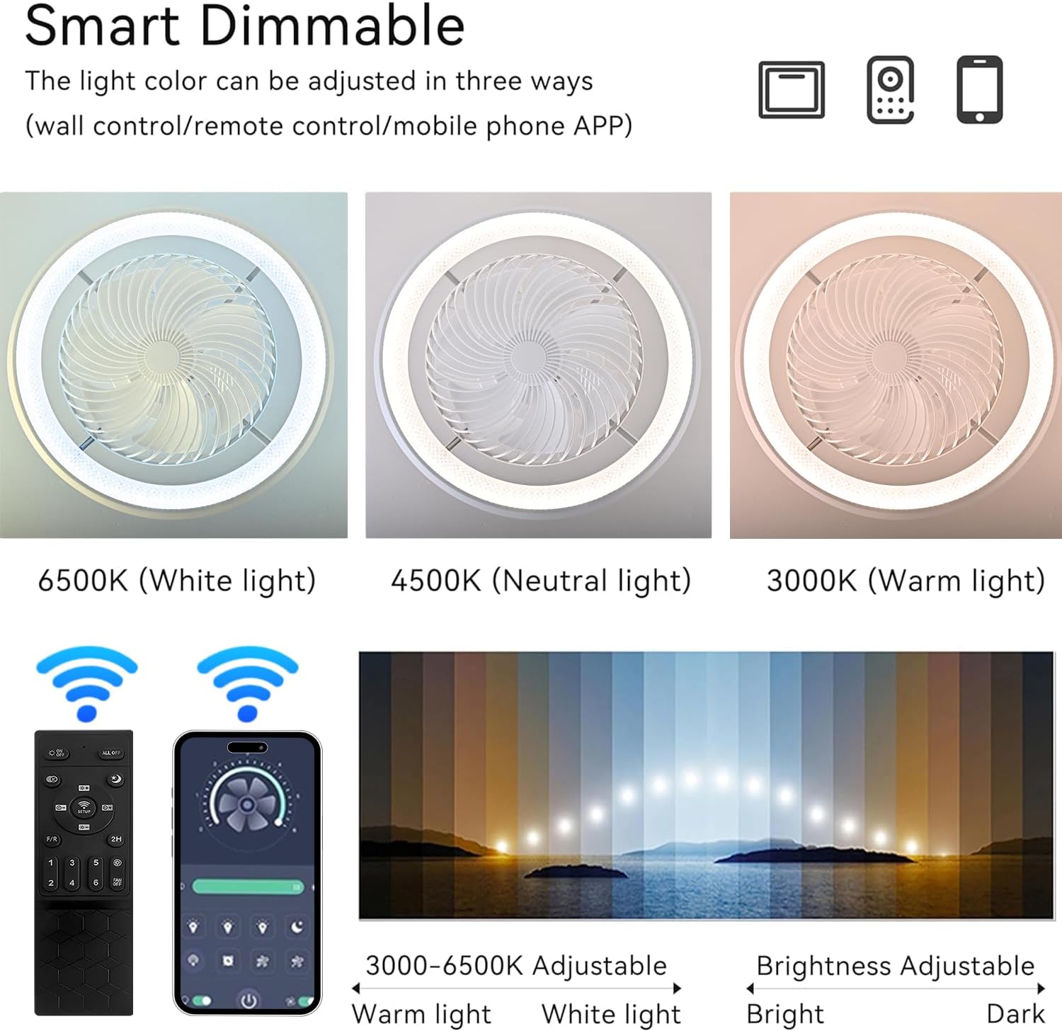 LED Deckenventilator mit Beleuchtung, Leise, 75W Deckenlampe mit Ventilator, Mit Fernbedienung und APP, 6-Gang Timer Lampe mit Ventilator, 360° Drehung, Reversibel, Interne Lumineszenz, Weiß