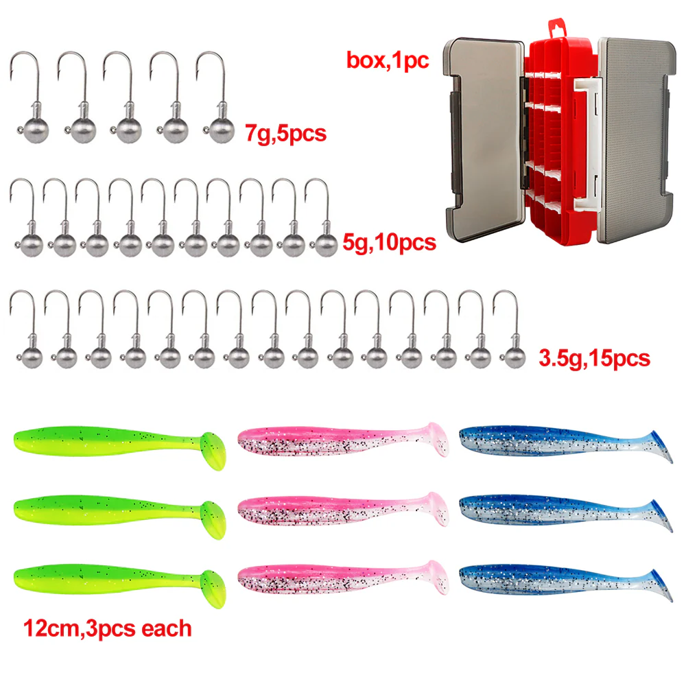 30pcs of 3 sizes of Jig Heads, 9pcs of 3 colours of Larger Paddle Tails 12cm with double side soft plastic box A