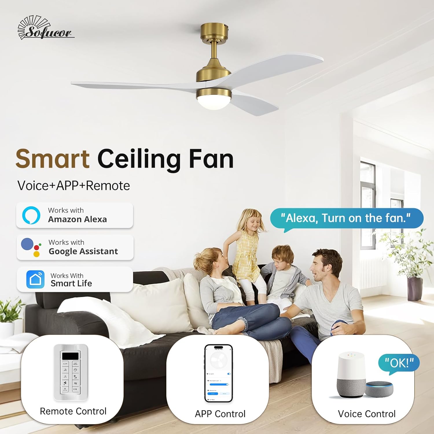 Sofucor Smart Deckenventilator mit Beleuchtung,132cm Massivholz Deckenventilator mit Licht, Alexa/APP, WiFi, Fernbedienung, DC, 3 Farbtemperatur, Timer, 6 Geschwindigkeiten für Schlafzimmer