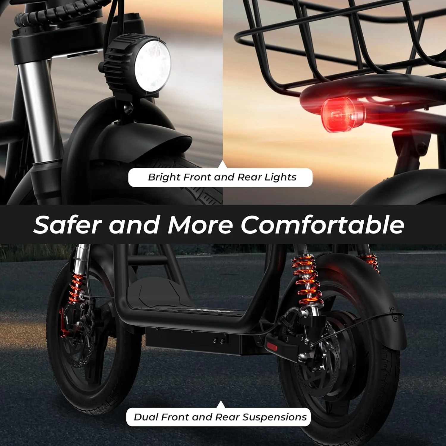 iScooter electric scooter with seat, 37/21 mile range, 28/19/15.6 mph top speed, dual suspension scooter with basket