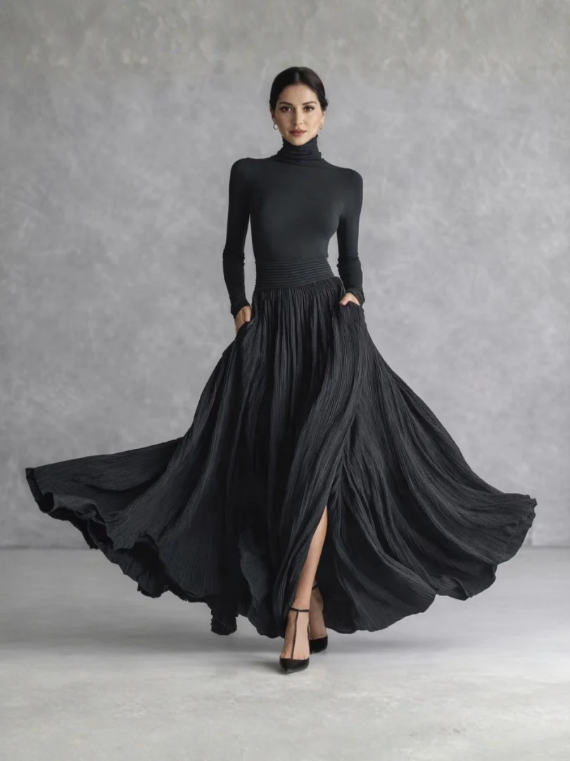 Women��s Black Maxi Dress Pleated Skirt Turtleneck Style