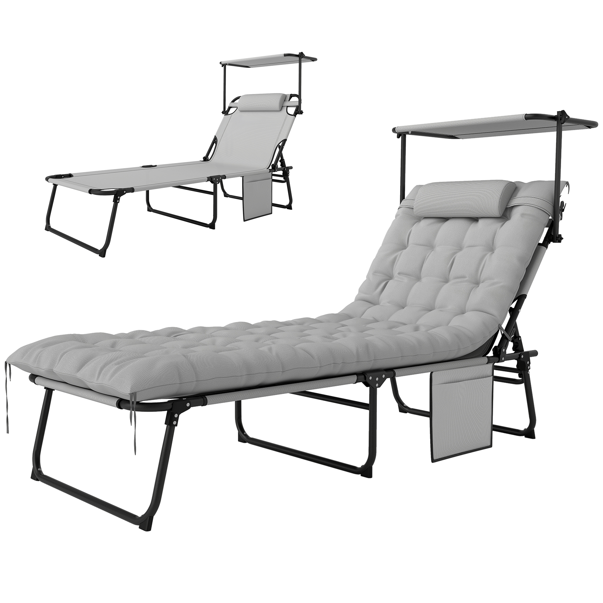 Outsunny Opvouwbare Tuinligstoel met Zonnedak en Matrasje, Ligstoel met 4 Standen Verstelbare Rugleuning Lichtgrijs