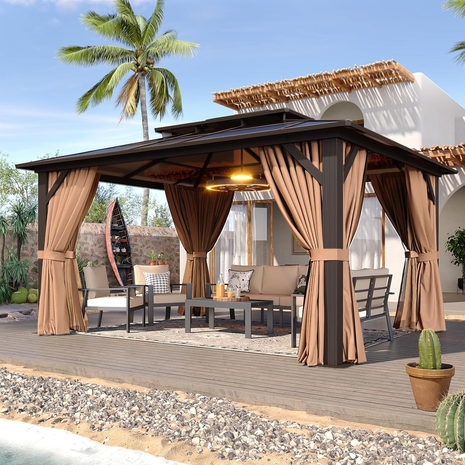 Aoxun 12'x10' Hardtop Gazebo  Aluminum Frame Permanent Pavilion with Curtains and Netting  Outdoor Polycarbonate Double Roof Canopy  Designed for Garden  Lawns  Patio  Brown