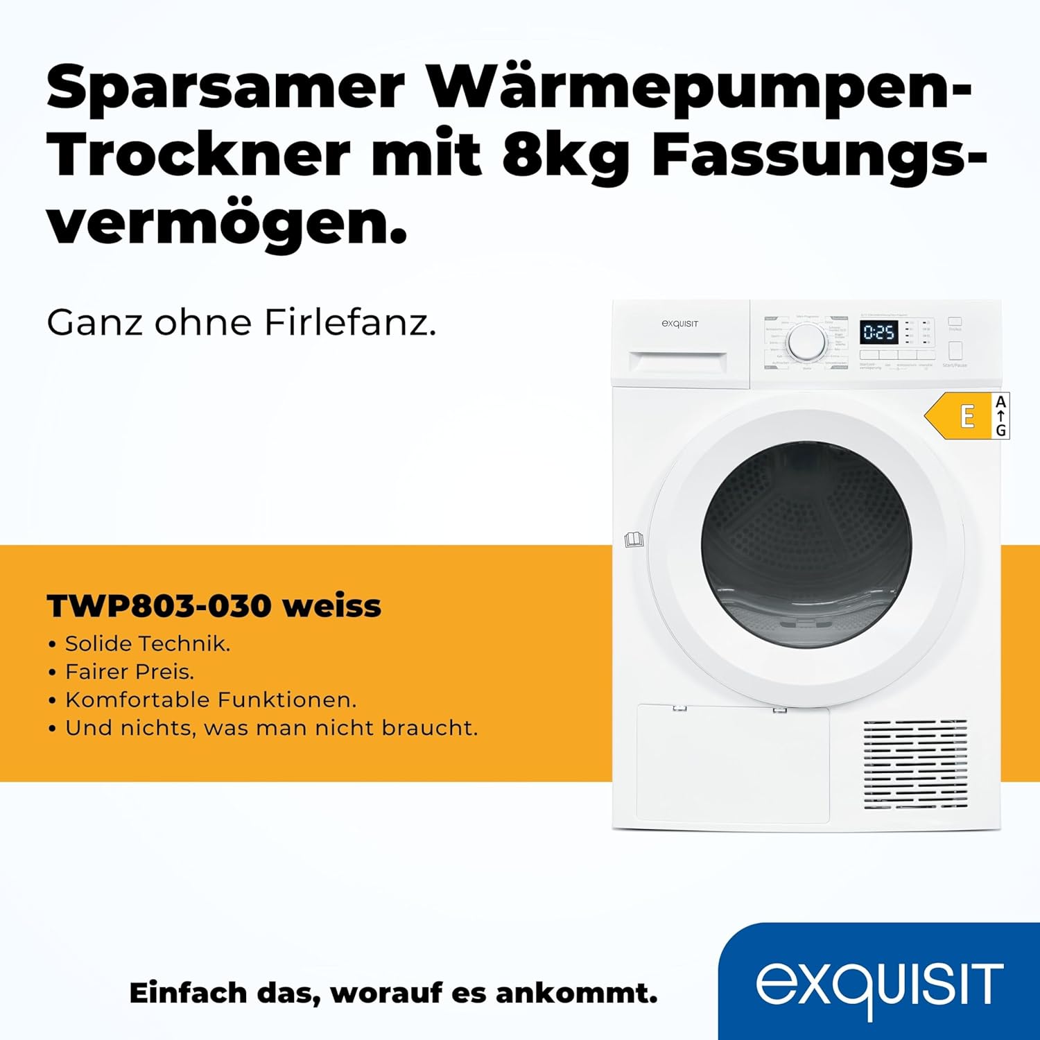 Exquisit Wärmepumpentrockner, 8kg Trockner mit 16 Programmen, Startzeitvorwahl, Knitterschutz, TWP803-030E weiss