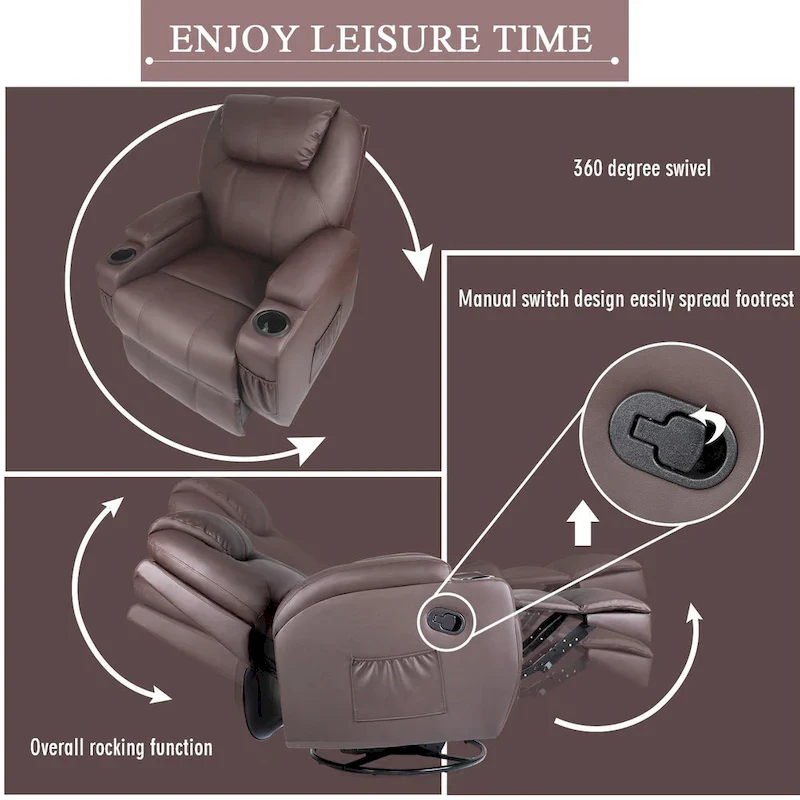 Massage Recliner Chair Swivel Heating Faux Leather Living Room Chair