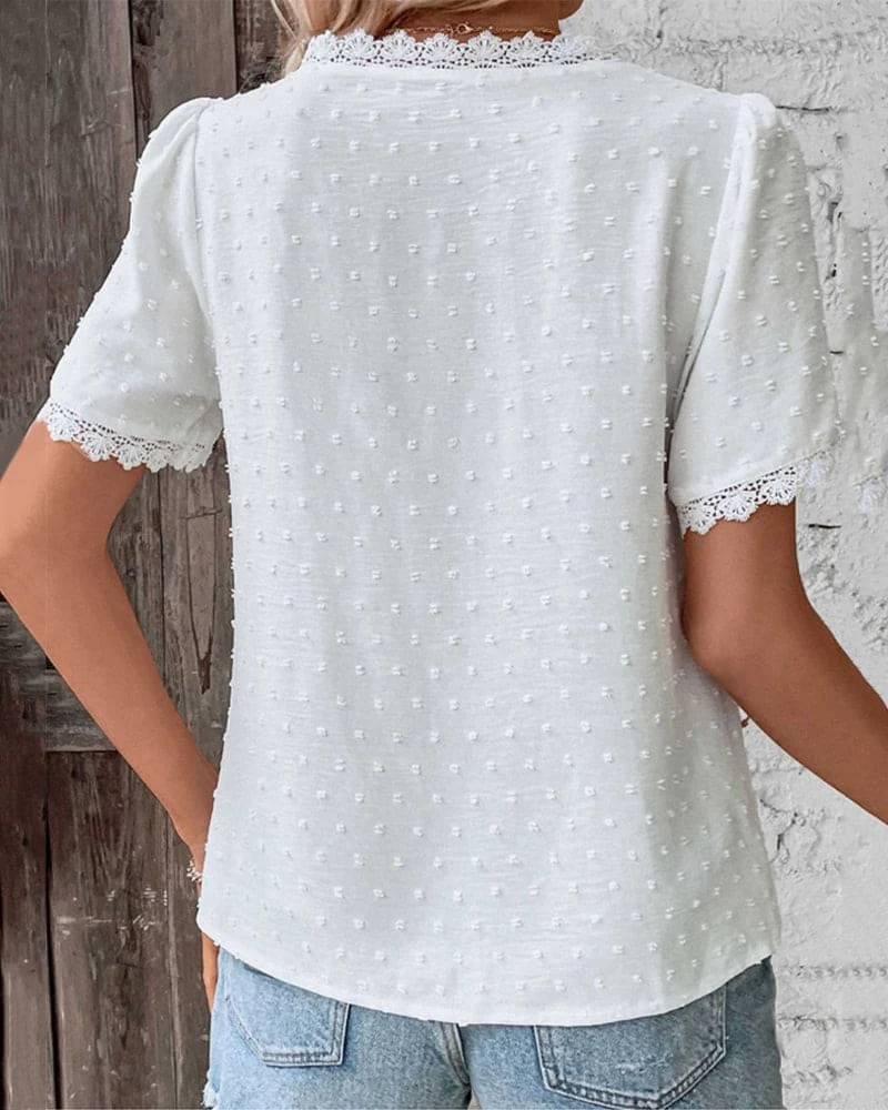 Women��s Bohemian V-Neck Blouse with Lace Trim and Swiss Dot Texture