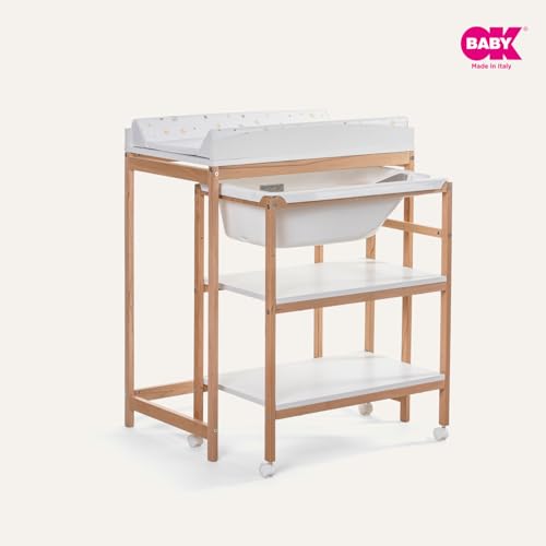 OKBABY Woody   Fasciatoio in Legno con Vaschetta Ergonomica e Ruote, Completo di Materassino Soffice per il Cambio del Neonato   0 12 Mesi (11kg)   Bianco : Amazon.it: Prima infanzia