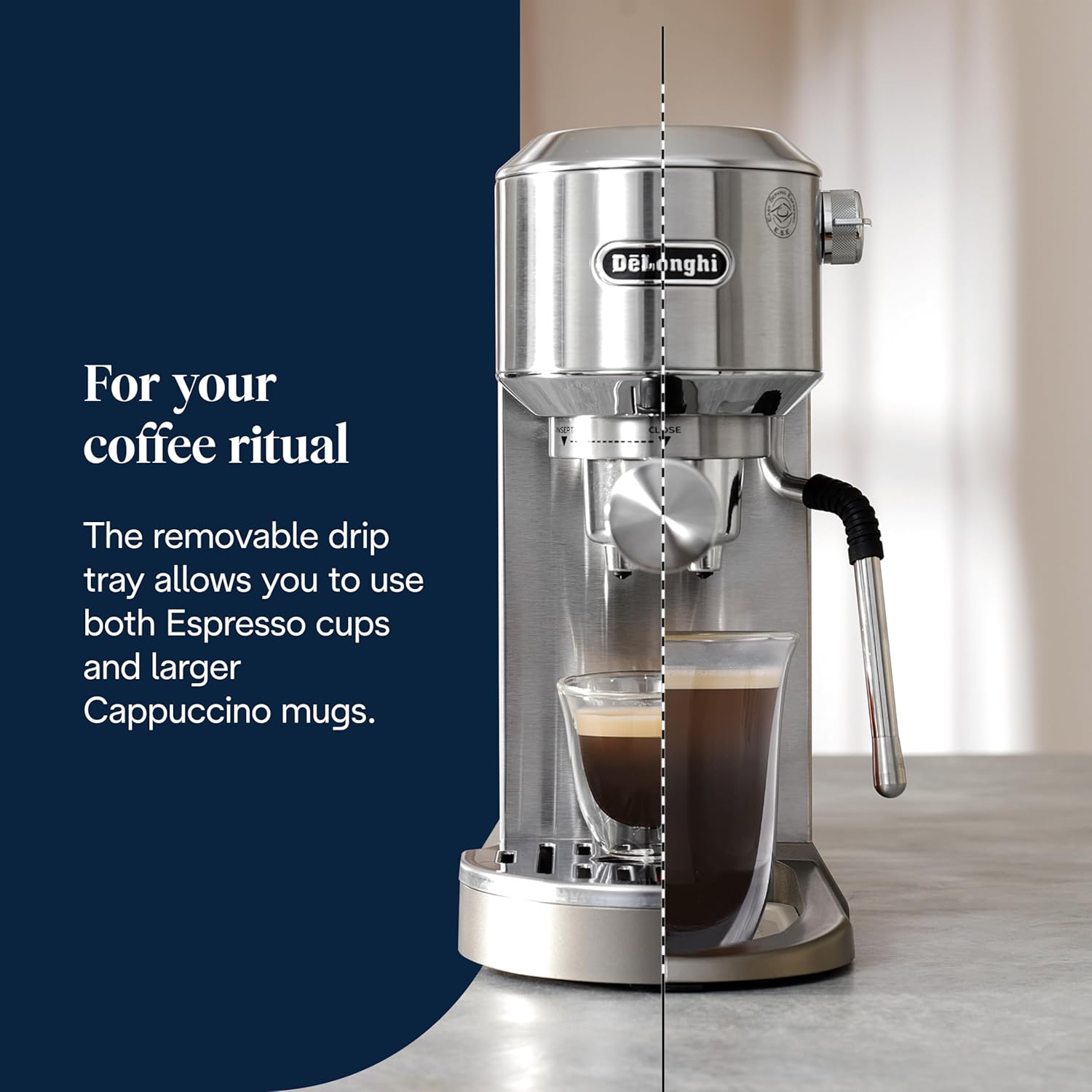 De'Longhi Dedica Duo - Perfetto Kompakte Siebträgermaschine Espressomaschine mit Soft-Touch-Icons, manuellem Milchaufschäumer für Espresso, Cappuccino und Cold Brew, 15cm breit, Metall (EC890.M)